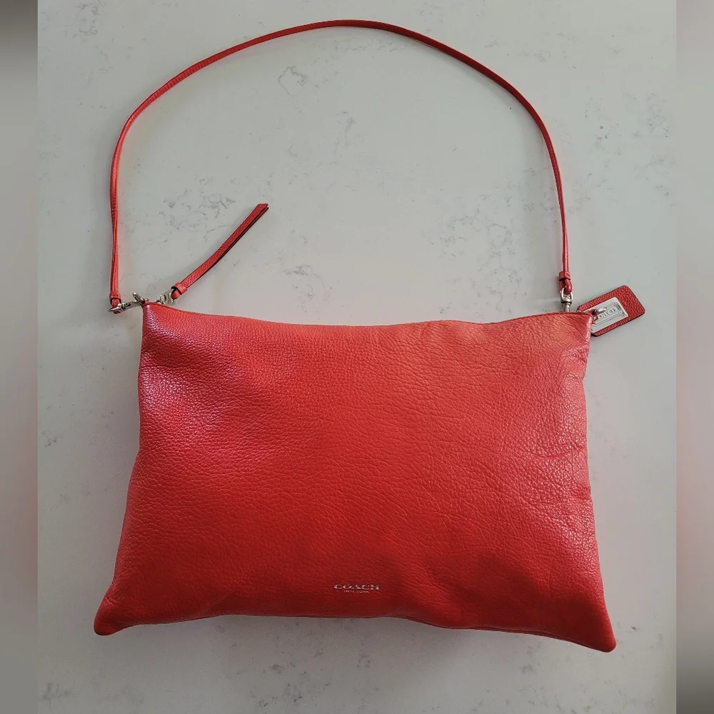 Coach Red Pebbled Leather Crossbody Bag Silver Hardware Foldover Clutch